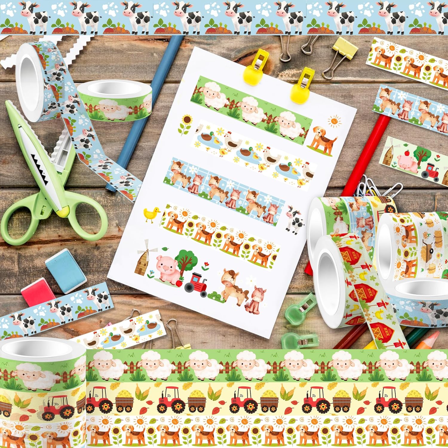 12 Pcs Farm Animals Washi Tape Farm Animals Masking Tape Decorations Farmhouse Cow Sheep Pig Ducks Decorative Paper Sticker for Vintage Journals, Planners, DIY Craft Gift Wrapping