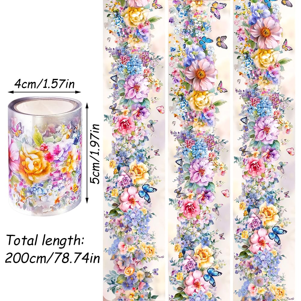 1Roll Spring Floral Washi Tape Vine Glitter Stickers for Scrapbooking, Transparent PET Washi Tapes for Journaling Junk Journal Supplies Flower Scrapbook Tape Decorative Stickers Scrap Booking Supples