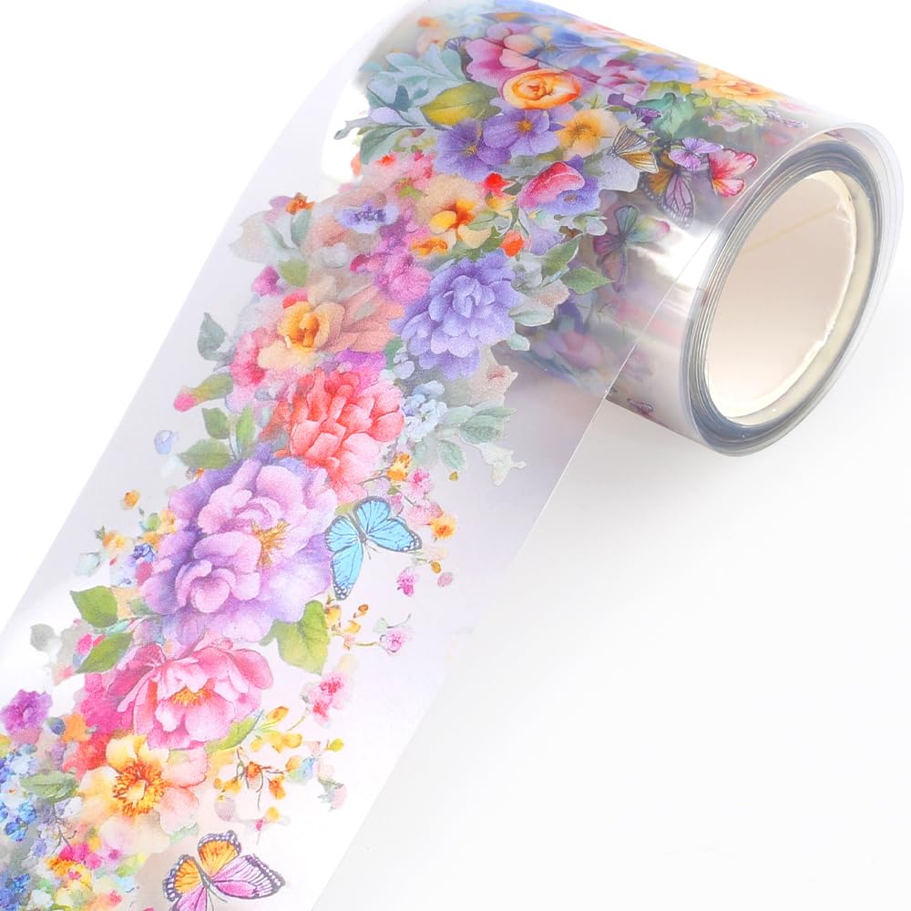 1Roll Spring Floral Washi Tape Vine Glitter Stickers for Scrapbooking, Transparent PET Washi Tapes for Journaling Junk Journal Supplies Flower Scrapbook Tape Decorative Stickers Scrap Booking Supples