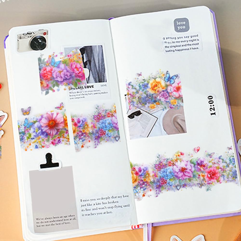1Roll Spring Floral Washi Tape Vine Glitter Stickers for Scrapbooking, Transparent PET Washi Tapes for Journaling Junk Journal Supplies Flower Scrapbook Tape Decorative Stickers Scrap Booking Supples