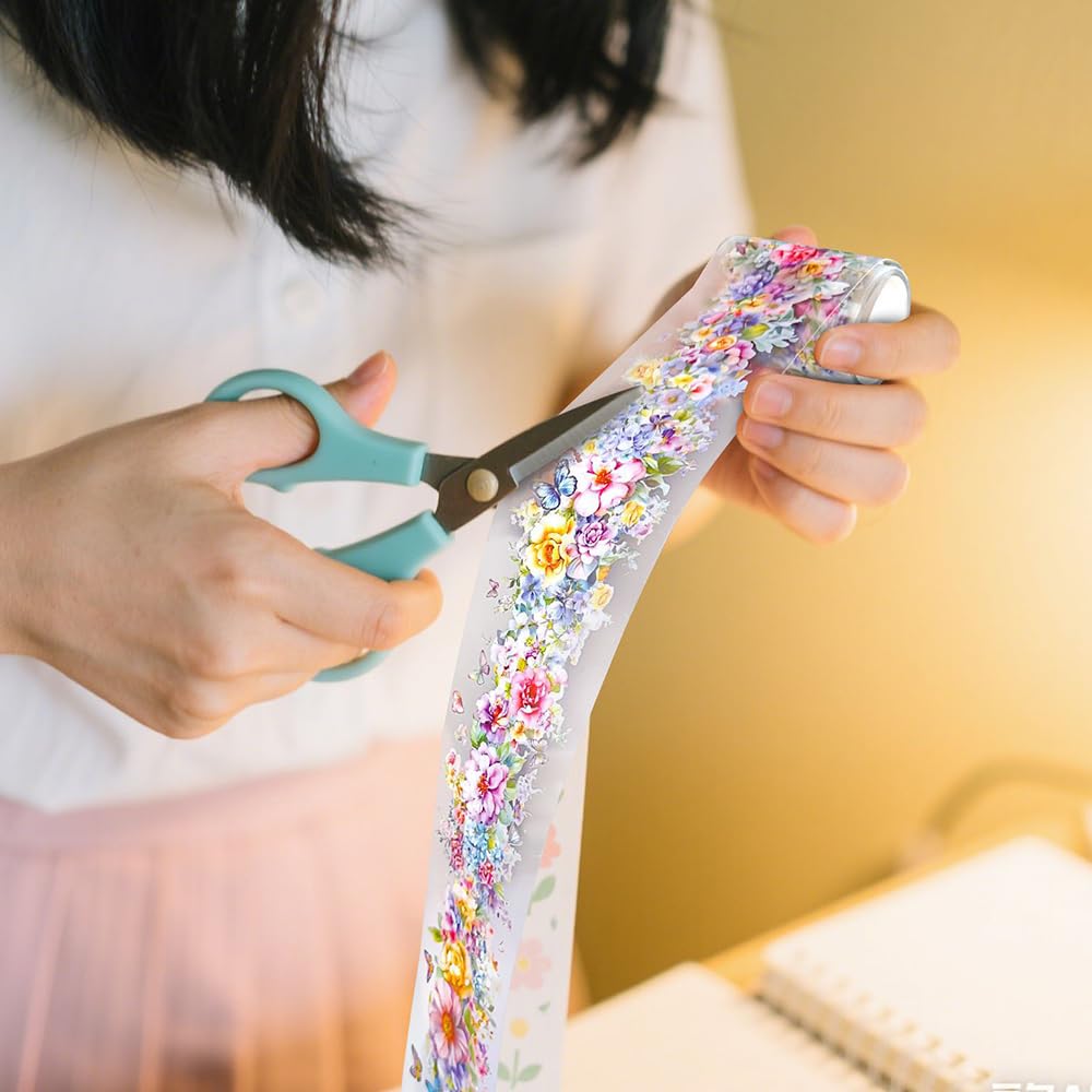 1Roll Spring Floral Washi Tape Vine Glitter Stickers for Scrapbooking, Transparent PET Washi Tapes for Journaling Junk Journal Supplies Flower Scrapbook Tape Decorative Stickers Scrap Booking Supples