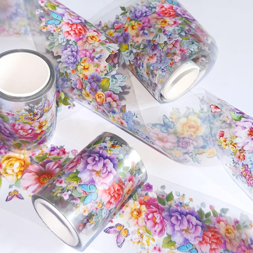 1Roll Spring Floral Washi Tape Vine Glitter Stickers for Scrapbooking, Transparent PET Washi Tapes for Journaling Junk Journal Supplies Flower Scrapbook Tape Decorative Stickers Scrap Booking Supples