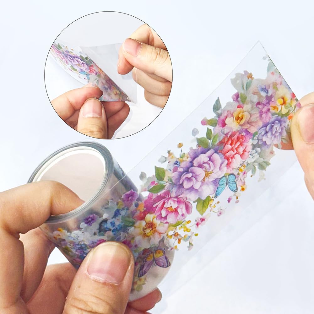 1Roll Spring Floral Washi Tape Vine Glitter Stickers for Scrapbooking, Transparent PET Washi Tapes for Journaling Junk Journal Supplies Flower Scrapbook Tape Decorative Stickers Scrap Booking Supples