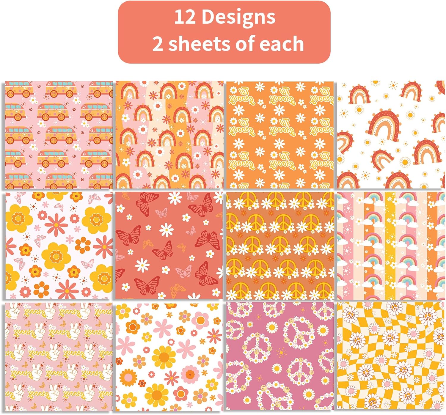 24 Sheets Orange Daisy Hippie Scrapbook Paper 12'' x 12'' Little Orange Daisy Boho Pattern Paper Pack Retro Boho Double-Sided Scrapbook Pack for Photo Albums, Gift Wrapping, Journal Decoration