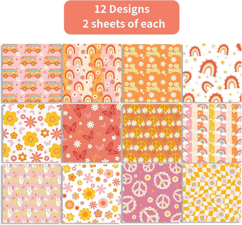24 Sheets Orange Daisy Hippie Scrapbook Paper 12'' x 12'' Little Orange Daisy Boho Pattern Paper Pack Retro Boho Double-Sided Scrapbook Pack for Photo Albums, Gift Wrapping, Journal Decoration