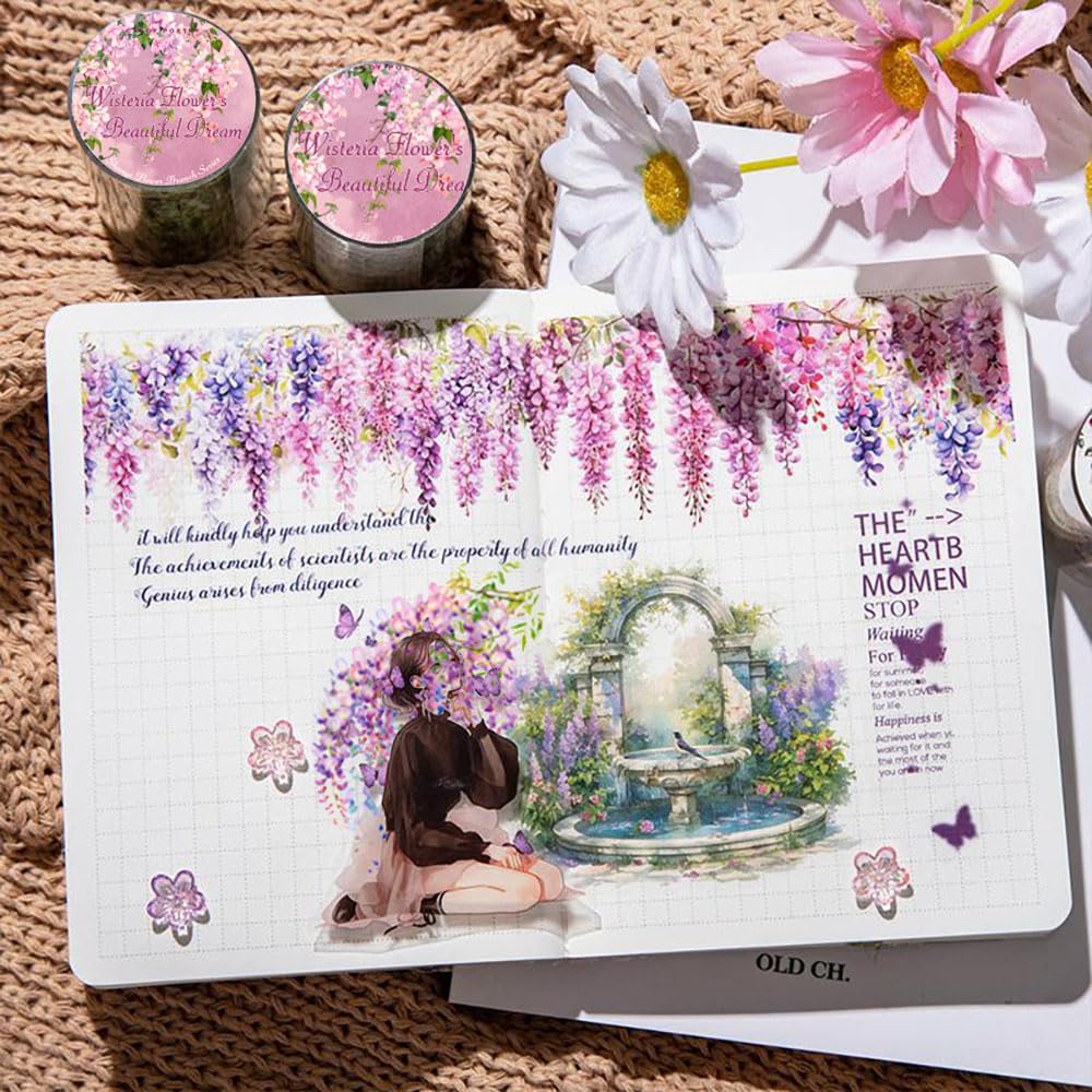 1 Roll Colorful Floral Washi Tape for Scrapbooking Scrap Booking Supples Kit Cute Butterfly Tapes Sticker Spring Flower Washi Tapes Transparent PET Tape Stickers for Journaling Junk Journal supplies