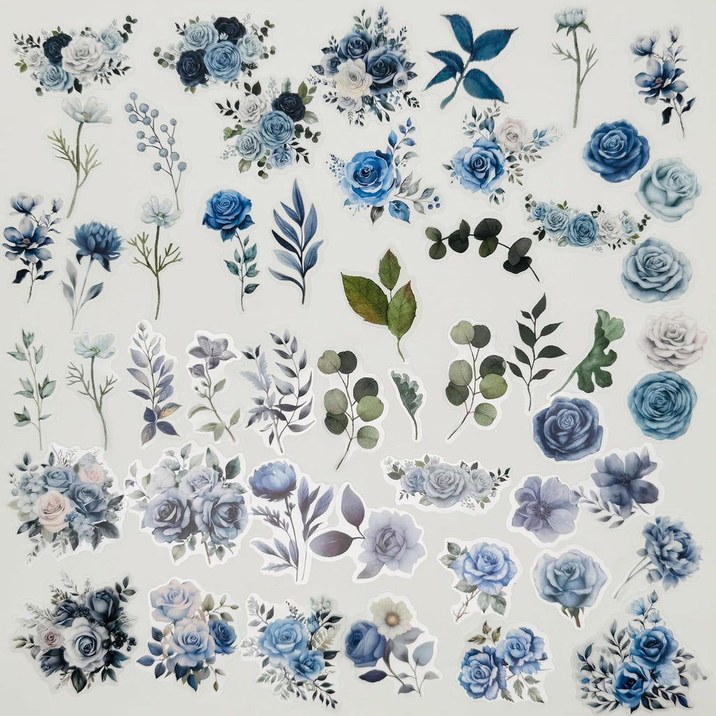 200pcs Wildflower Plant Stickers, Floral Botanical Sticker,Clear Transparent Flower Stickers for Package DIY Diary Journal Decoration Label Album Scrapbooking,Blue White