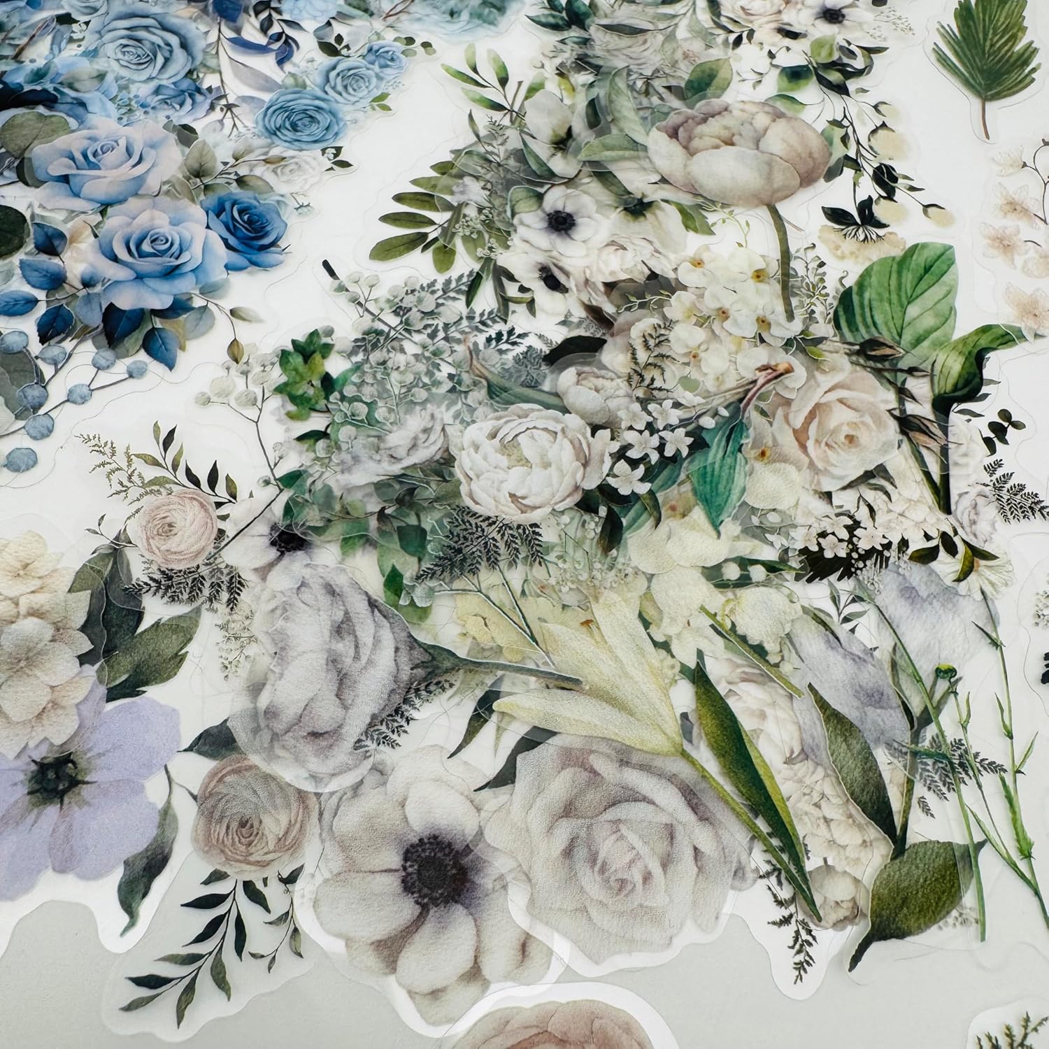 200pcs Wildflower Plant Stickers, Floral Botanical Sticker,Clear Transparent Flower Stickers for Package DIY Diary Journal Decoration Label Album Scrapbooking,Blue White