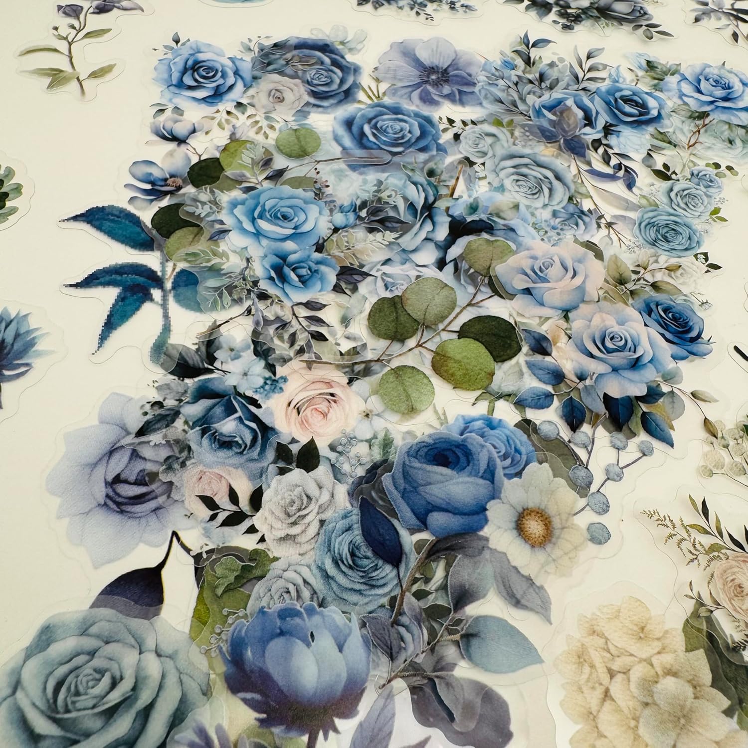 200pcs Wildflower Plant Stickers, Floral Botanical Sticker,Clear Transparent Flower Stickers for Package DIY Diary Journal Decoration Label Album Scrapbooking,Blue White