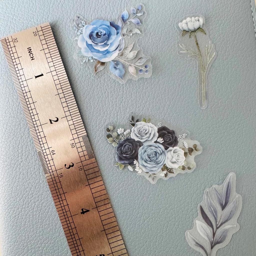 200pcs Wildflower Plant Stickers, Floral Botanical Sticker,Clear Transparent Flower Stickers for Package DIY Diary Journal Decoration Label Album Scrapbooking,Blue White