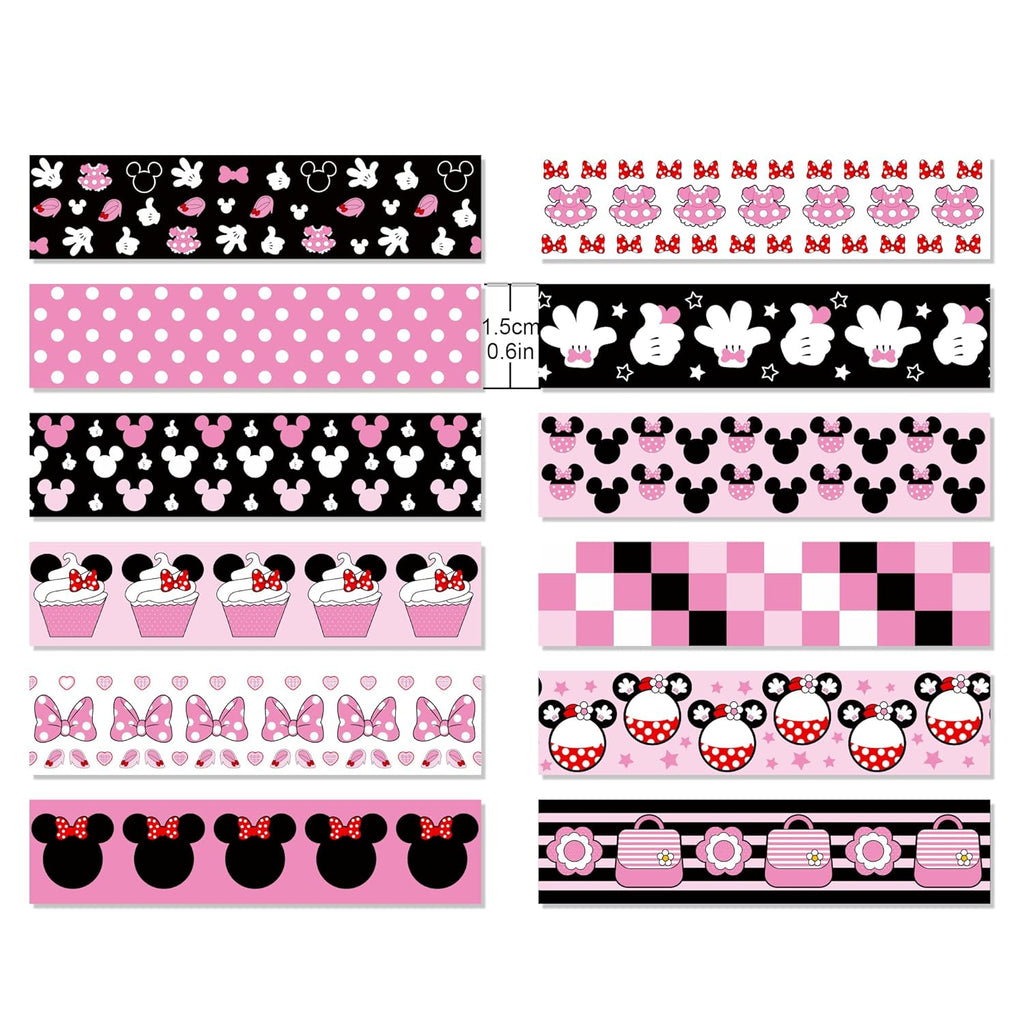 12 Rolls Cartoon Mouse Washi Tape Set - 0.6 Inch x 16.4 Ft Each, Pink Cute Mouse Design Decorative Paper Tape for Scrapbooking, Gift Wrapping, DIY Crafts & School Supplies