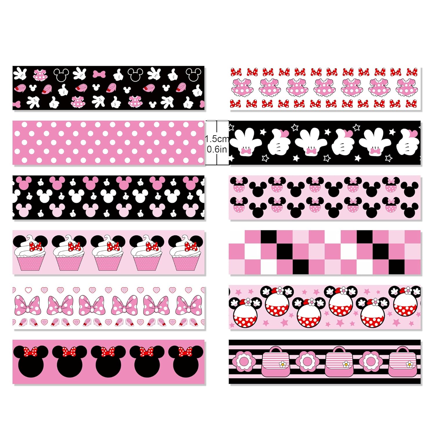 12 Rolls Cartoon Mouse Washi Tape Set - 0.6 Inch x 16.4 Ft Each, Pink Cute Mouse Design Decorative Paper Tape for Scrapbooking, Gift Wrapping, DIY Crafts & School Supplies