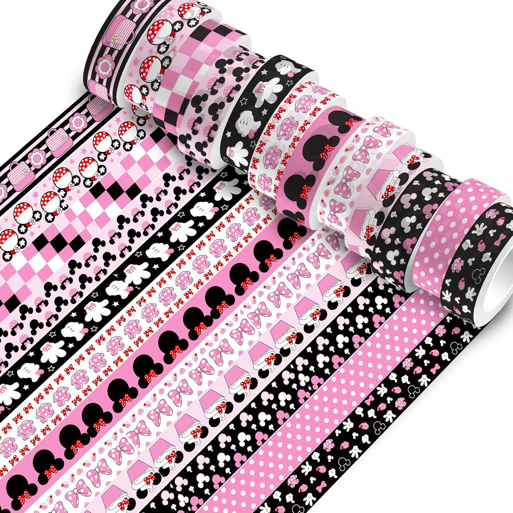 12 Rolls Cartoon Mouse Washi Tape Set - 0.6 Inch x 16.4 Ft Each, Pink Cute Mouse Design Decorative Paper Tape for Scrapbooking, Gift Wrapping, DIY Crafts & School Supplies