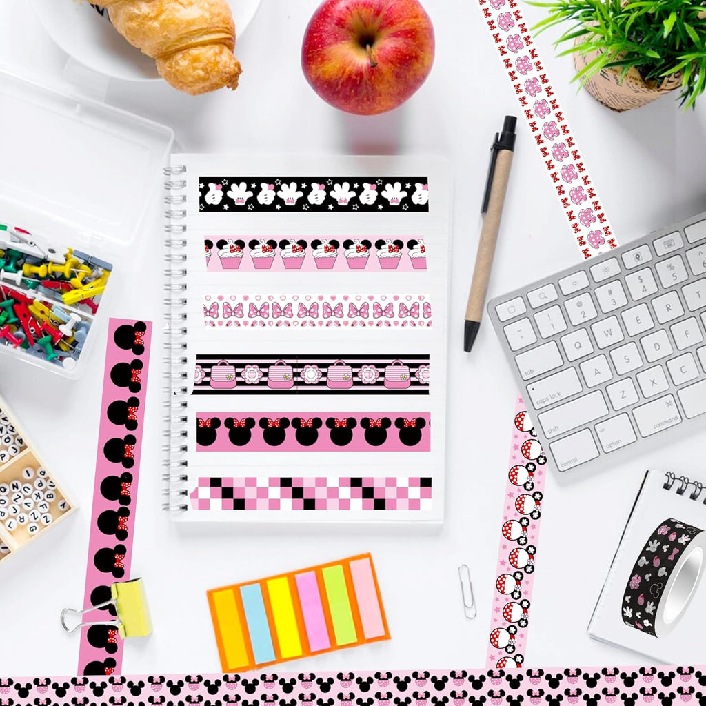 12 Rolls Cartoon Mouse Washi Tape Set - 0.6 Inch x 16.4 Ft Each, Pink Cute Mouse Design Decorative Paper Tape for Scrapbooking, Gift Wrapping, DIY Crafts & School Supplies