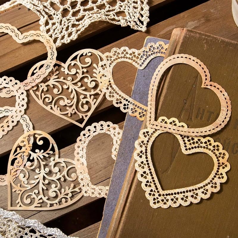 60PCS Flower Cut Outs Border Card Vintage Love Heart Lace Star Cutouts Paper Lace for Scrapooking Supplies Kit Scrapbook Decorative Paper Card for DIY Arts Crafts Album Planner Junk Journals