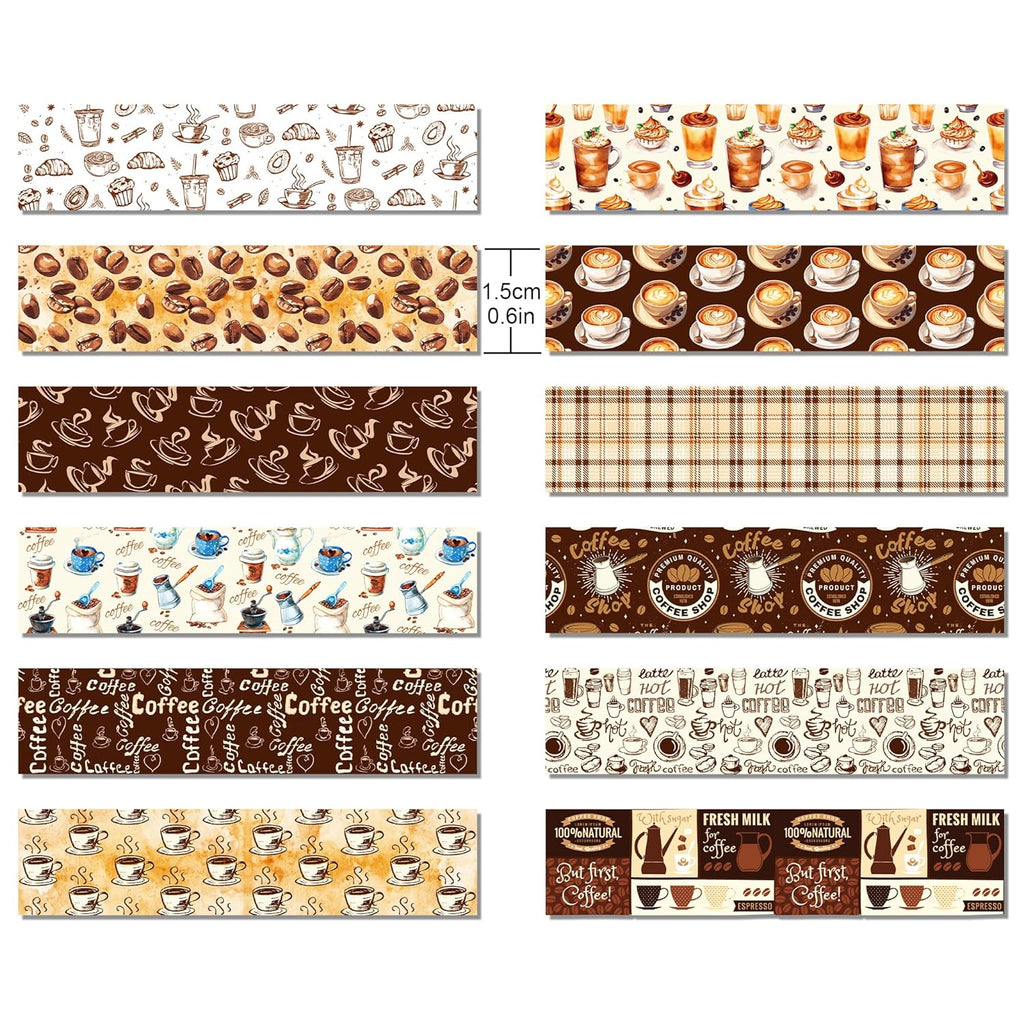 12 Pcs Coffee Washi Tape Coffee Masking Tape Decorations Vintage Watercolor Brown Cafe Decorative Paper Sticker for Vintage Journals, Planners, DIY Craft Gift Wrapping Handbook Stickers