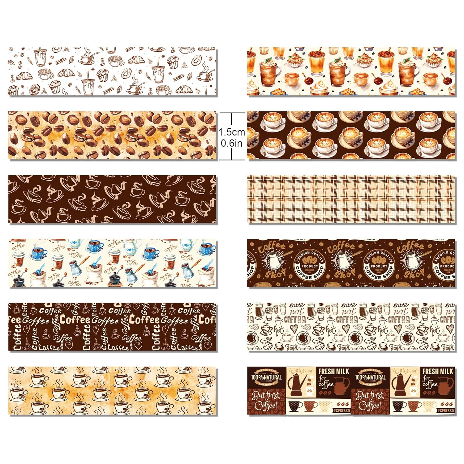 12 Pcs Coffee Washi Tape Coffee Masking Tape Decorations Vintage Watercolor Brown Cafe Decorative Paper Sticker for Vintage Journals, Planners, DIY Craft Gift Wrapping Handbook Stickers