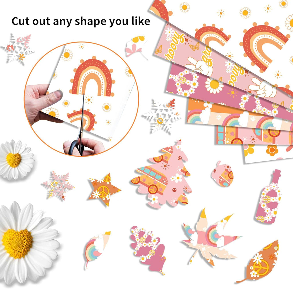 24 Sheets Orange Daisy Hippie Scrapbook Paper 12'' x 12'' Little Orange Daisy Boho Pattern Paper Pack Retro Boho Double-Sided Scrapbook Pack for Photo Albums, Gift Wrapping, Journal Decoration