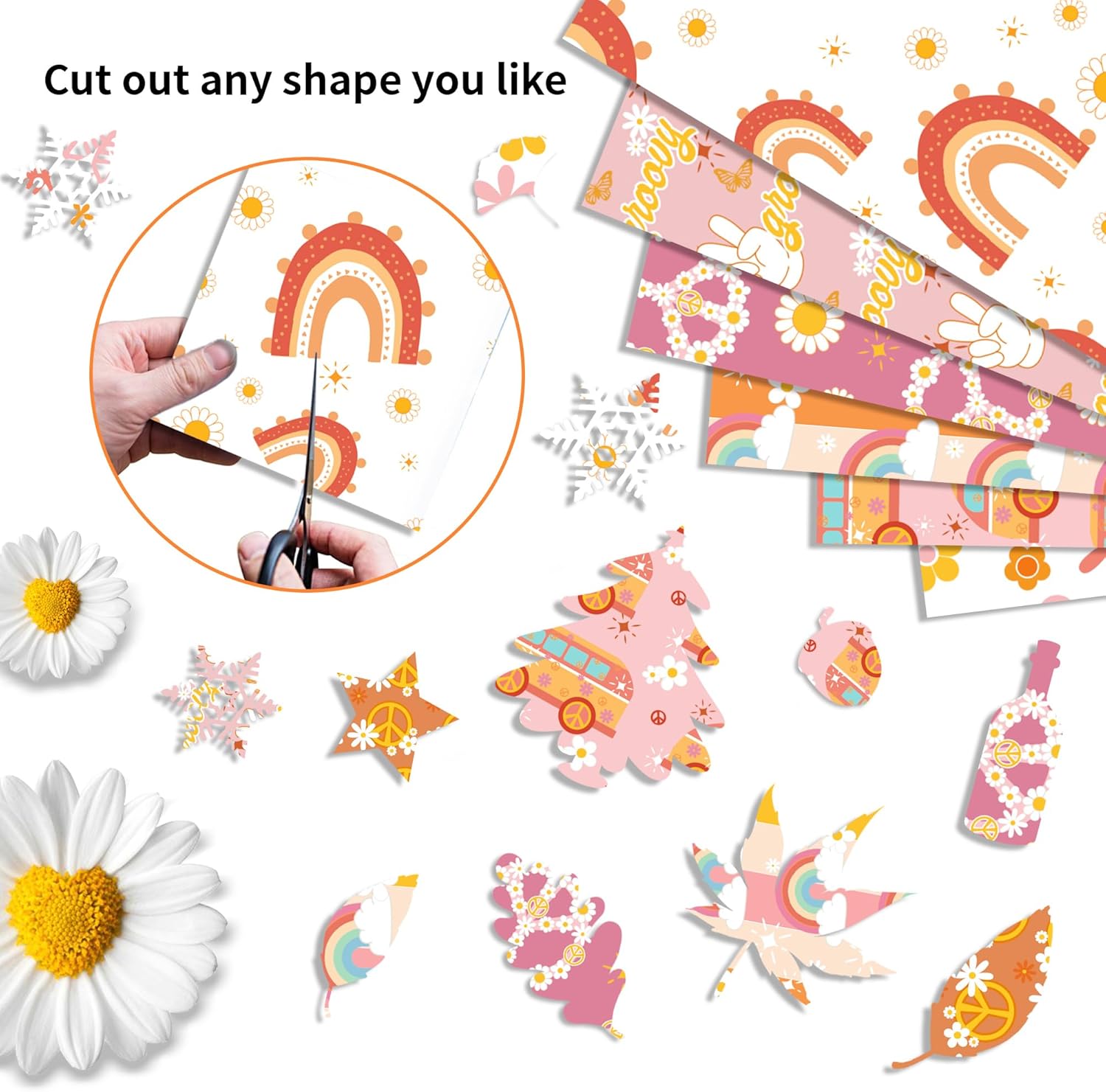 24 Sheets Orange Daisy Hippie Scrapbook Paper 12'' x 12'' Little Orange Daisy Boho Pattern Paper Pack Retro Boho Double-Sided Scrapbook Pack for Photo Albums, Gift Wrapping, Journal Decoration