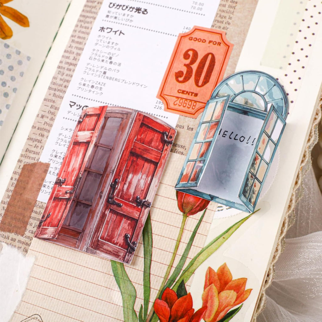 60 PCS Vintage Paper Window Scrapbook Stickers, Aesthetic Decorative Sticker for Scrapbooking Supplies Junk Journal Card Making Handmade DIY Paper Craft Decoration, Journaling Collage Kit Pop-up