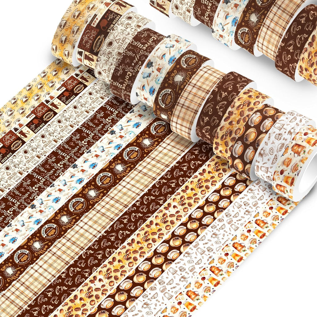 12 Pcs Coffee Washi Tape Coffee Masking Tape Decorations Vintage Watercolor Brown Cafe Decorative Paper Sticker for Vintage Journals, Planners, DIY Craft Gift Wrapping Handbook Stickers