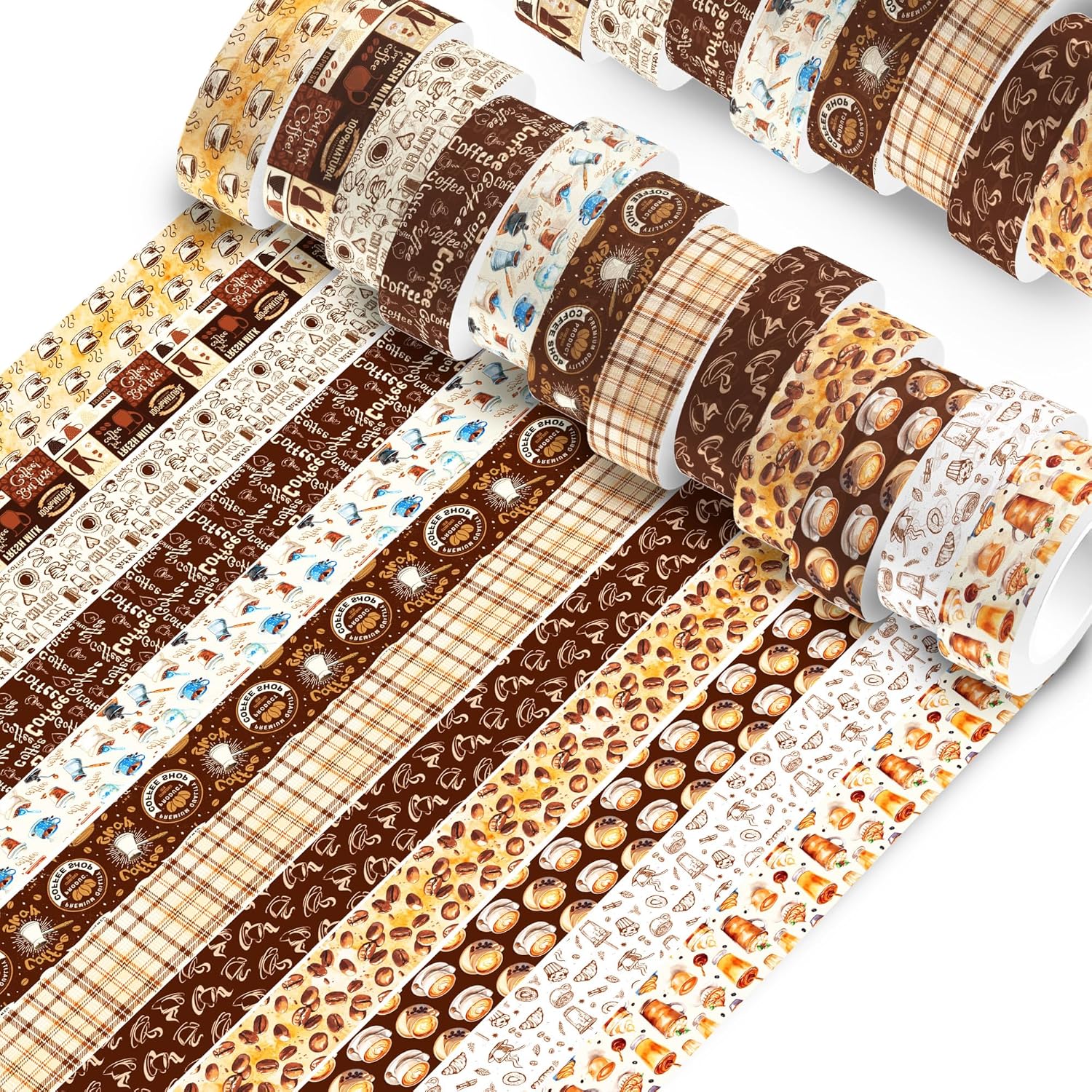 12 Pcs Coffee Washi Tape Coffee Masking Tape Decorations Vintage Watercolor Brown Cafe Decorative Paper Sticker for Vintage Journals, Planners, DIY Craft Gift Wrapping Handbook Stickers