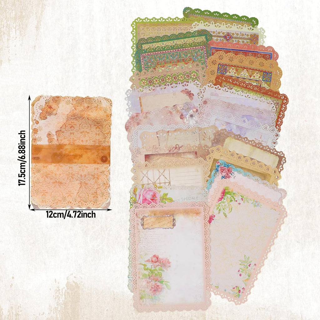 60 Sheets Scrapbooking Stationery Paper with Lace Edged - Vintage Decorative Paper for Scrapbook Letter Writing Planner, Aesthetic Decoupage Supplies for Card Making, Collage, Journal, 4.9x6.9 Inch