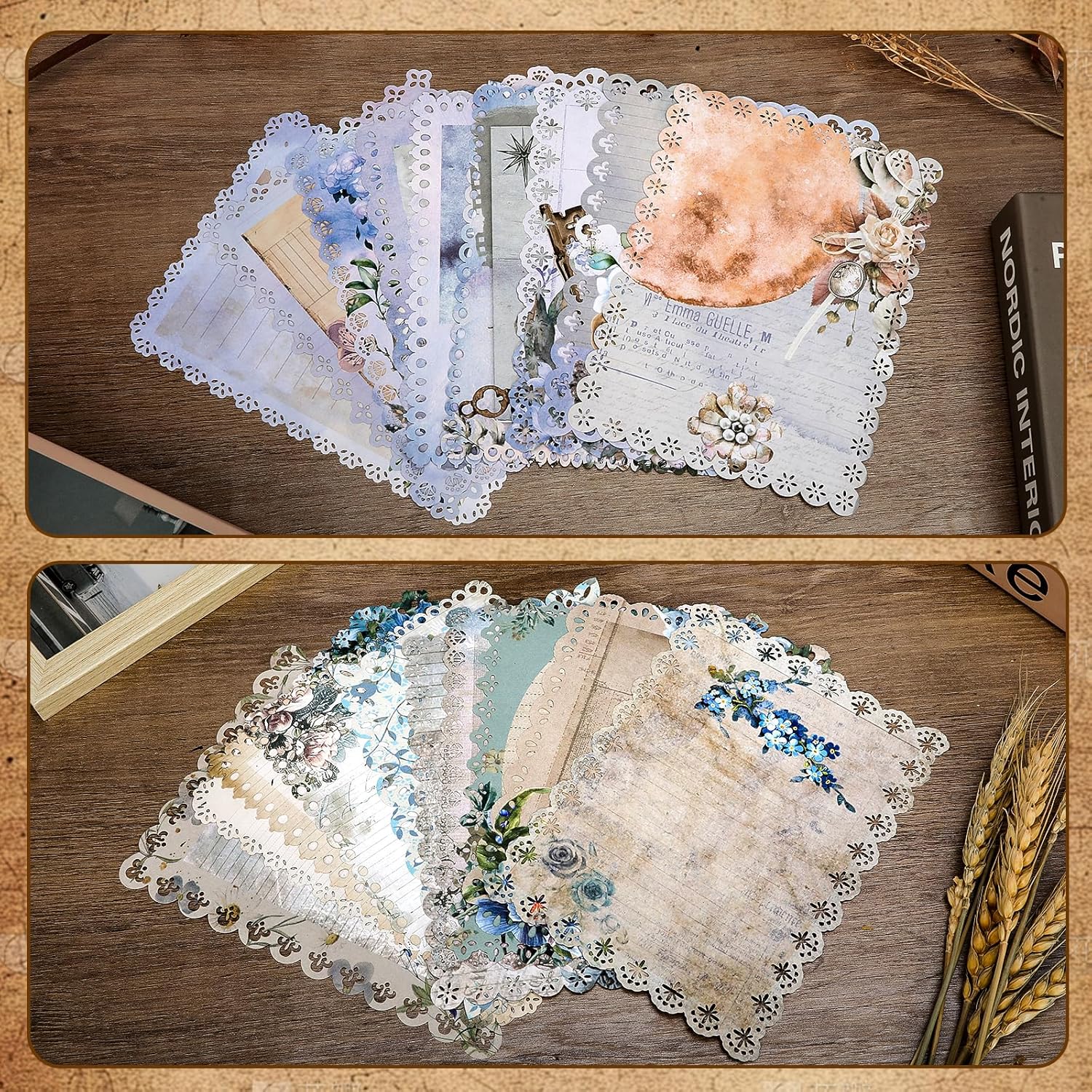 60 Sheets Lace Edged Vintage Textured Scrapbook Paper, 6 Pack Stationery Paper Assorted Set for Scrapbook Embellishments, Letter Writing, Junk Journal Supplies, Collage Background