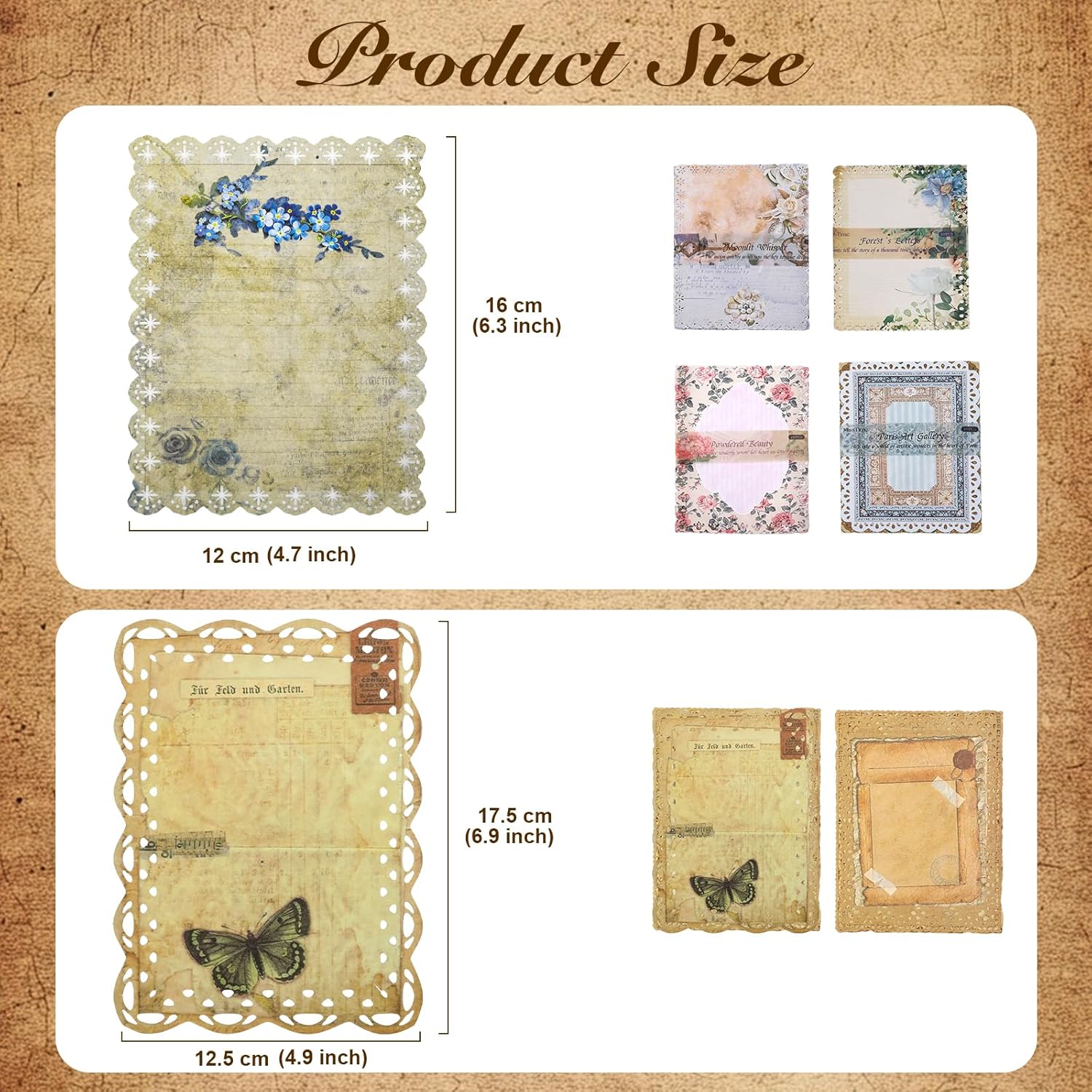 60 Sheets Lace Edged Vintage Textured Scrapbook Paper, 6 Pack Stationery Paper Assorted Set for Scrapbook Embellishments, Letter Writing, Junk Journal Supplies, Collage Background