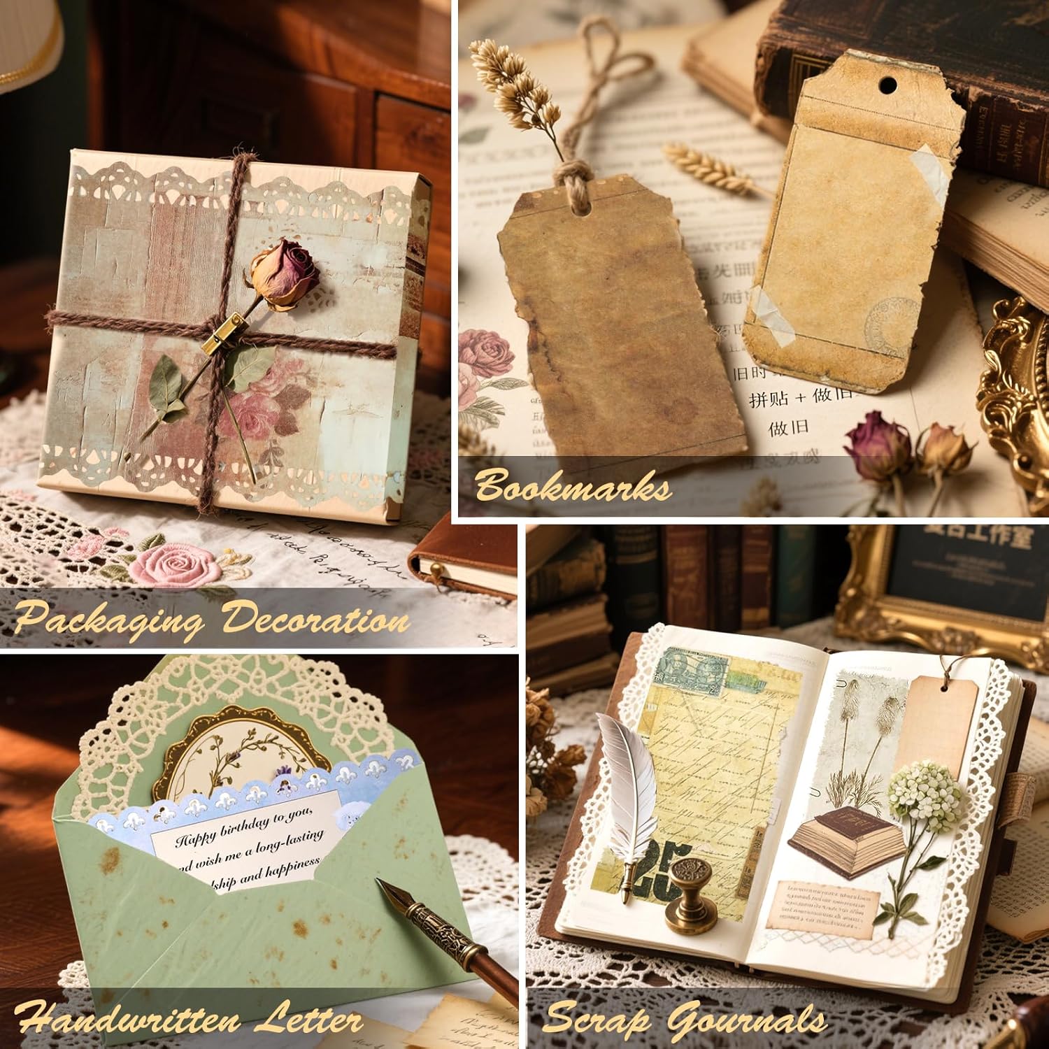 60 Sheets Lace Edged Vintage Textured Scrapbook Paper, 6 Pack Stationery Paper Assorted Set for Scrapbook Embellishments, Letter Writing, Junk Journal Supplies, Collage Background