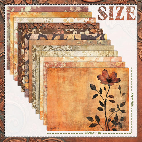 60 Sheets Golden Harvest Scrapbook Paper, Grunge Autumn Floral Decorative Craft Paper Folded Flat for Fall Birthday Card Making Thanksgiving Photo Album Journal Decor, 11'' x 8.5''