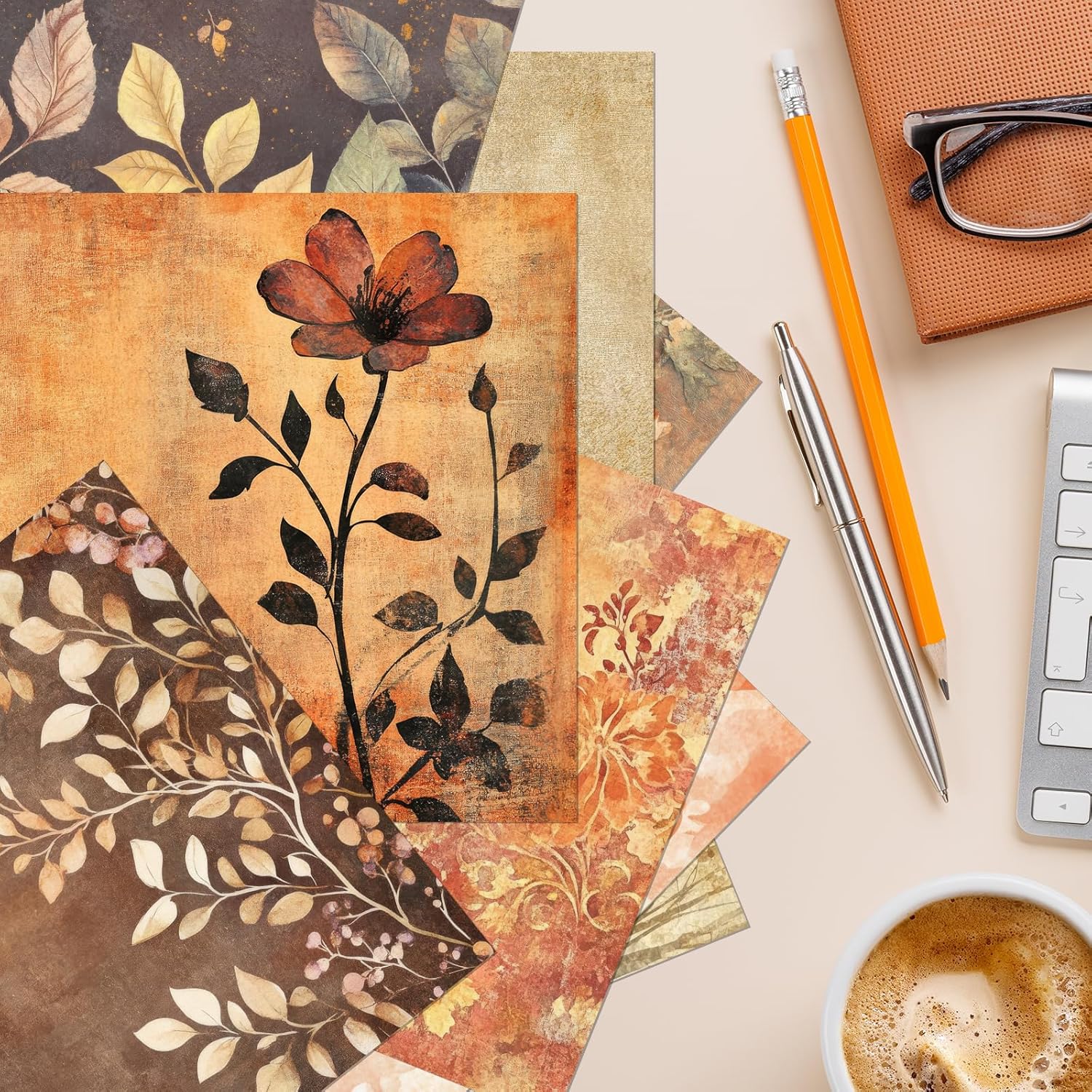 60 Sheets Golden Harvest Scrapbook Paper, Grunge Autumn Floral Decorative Craft Paper Folded Flat for Fall Birthday Card Making Thanksgiving Photo Album Journal Decor, 11'' x 8.5''