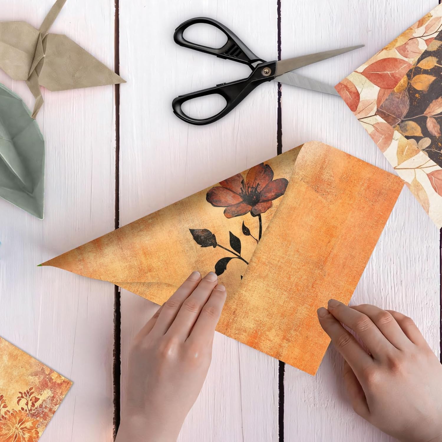 60 Sheets Golden Harvest Scrapbook Paper, Grunge Autumn Floral Decorative Craft Paper Folded Flat for Fall Birthday Card Making Thanksgiving Photo Album Journal Decor, 11'' x 8.5''