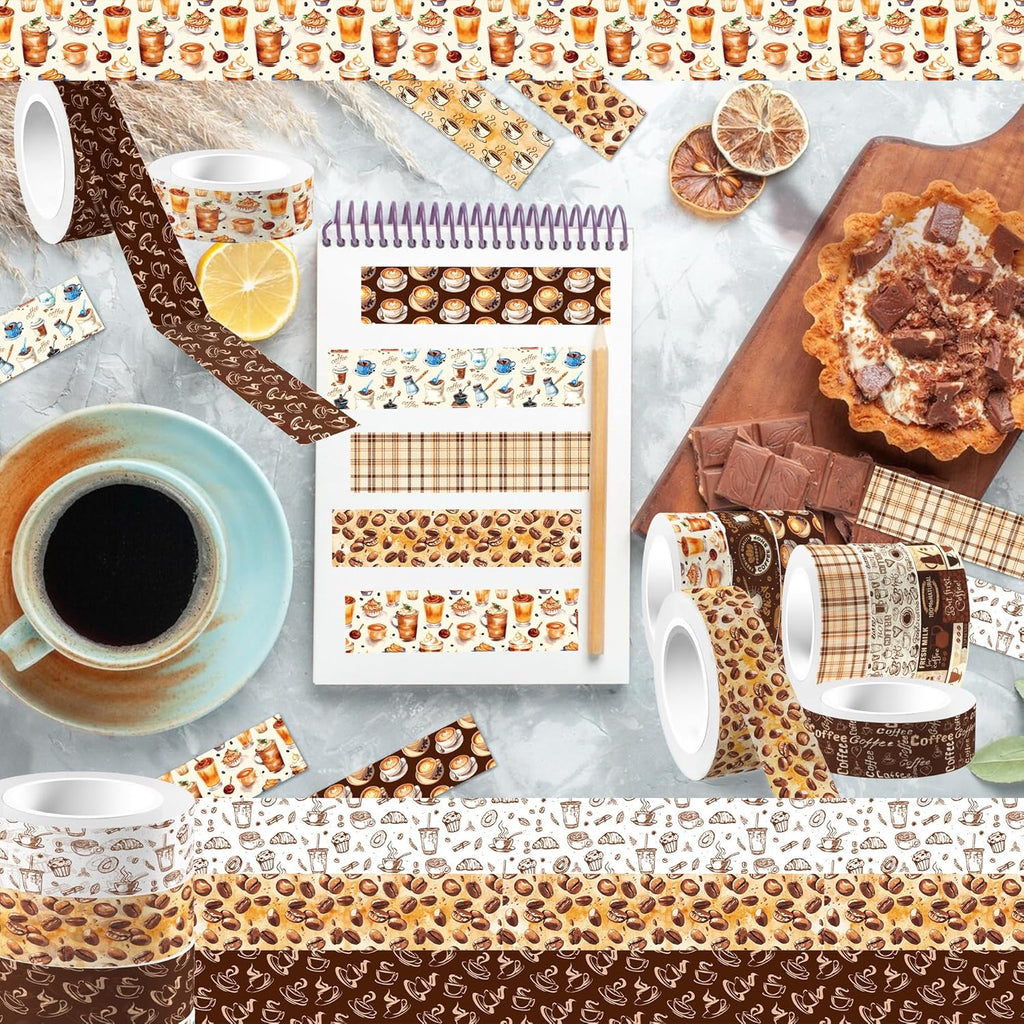 12 Pcs Coffee Washi Tape Coffee Masking Tape Decorations Vintage Watercolor Brown Cafe Decorative Paper Sticker for Vintage Journals, Planners, DIY Craft Gift Wrapping Handbook Stickers