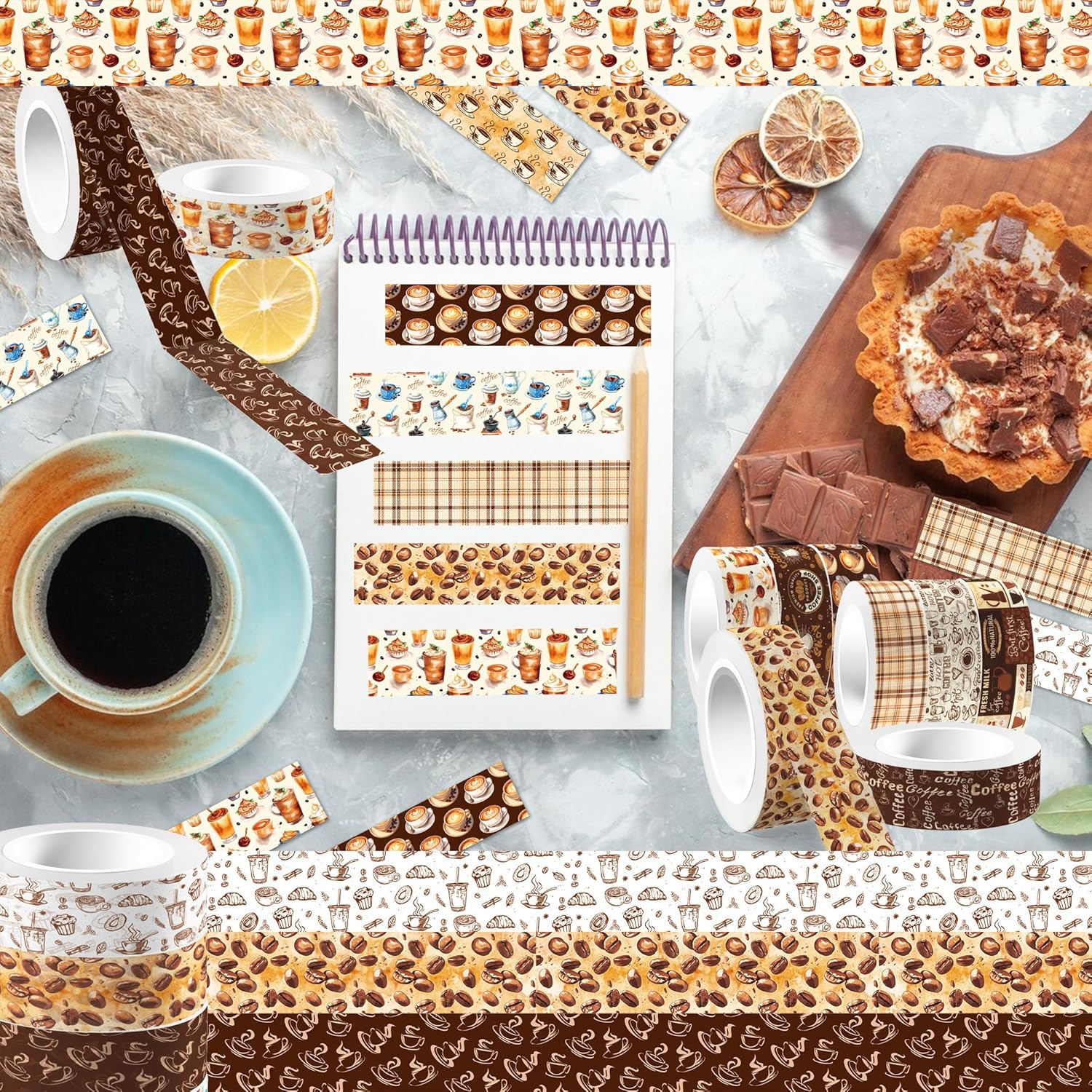 12 Pcs Coffee Washi Tape Coffee Masking Tape Decorations Vintage Watercolor Brown Cafe Decorative Paper Sticker for Vintage Journals, Planners, DIY Craft Gift Wrapping Handbook Stickers