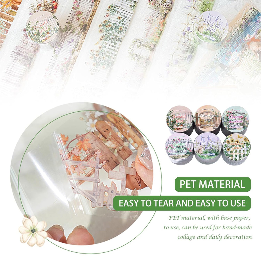 6Rolls Floral Washi Tape Set PET 40mm Wide Washi Sticker for Junk Journaling Stickers Flower Scrapbook Stickers Vintage Washi Tapes Scrapbooking Supplies Decorative Tape for Crafts, 6.6ft Long