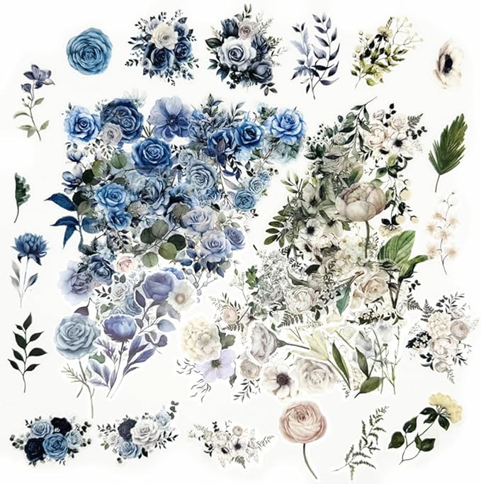 200pcs Wildflower Plant Stickers, Floral Botanical Sticker,Clear Transparent Flower Stickers for Package DIY Diary Journal Decoration Label Album Scrapbooking,Blue White