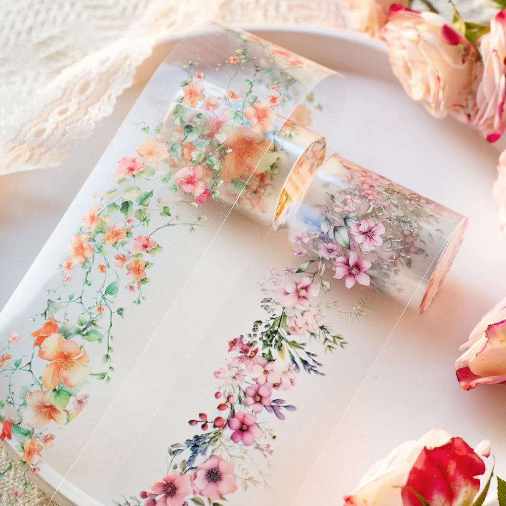 6Rolls Floral Washi Tape Set PET 40mm Wide Washi Sticker for Junk Journaling Stickers Flower Scrapbook Stickers Vintage Washi Tapes Scrapbooking Supplies Decorative Tape for Crafts, 6.6ft Long
