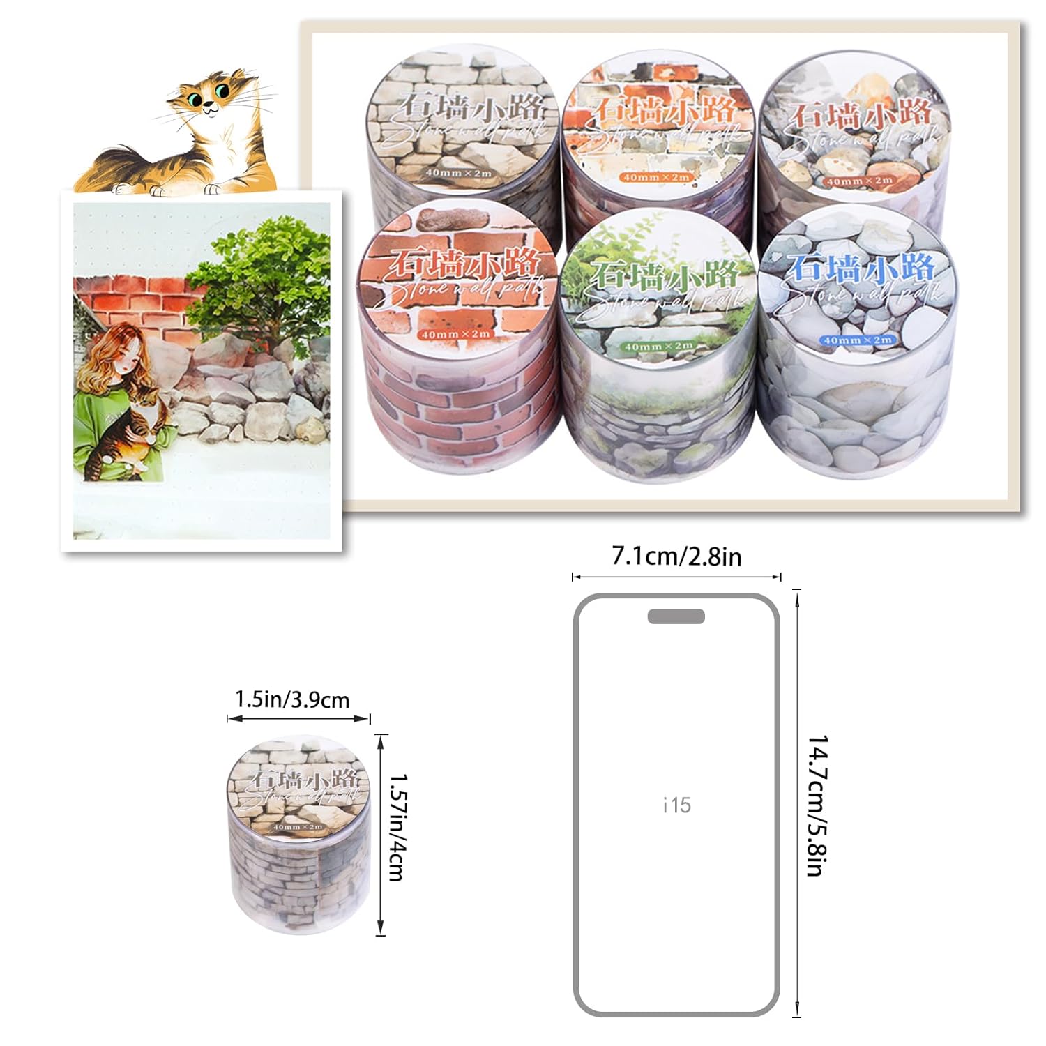 6Rolls Floral Washi Tape Set PET 40mm Wide Washi Sticker for Junk Journaling Stickers Flower Scrapbook Stickers Vintage Washi Tapes Scrapbooking Supplies Decorative Tape for Crafts, 6.6ft Long