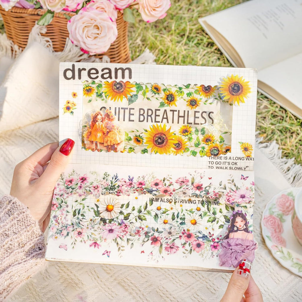 6Rolls Floral Washi Tape Set PET 40mm Wide Washi Sticker for Junk Journaling Stickers Flower Scrapbook Stickers Vintage Washi Tapes Scrapbooking Supplies Decorative Tape for Crafts, 6.6ft Long