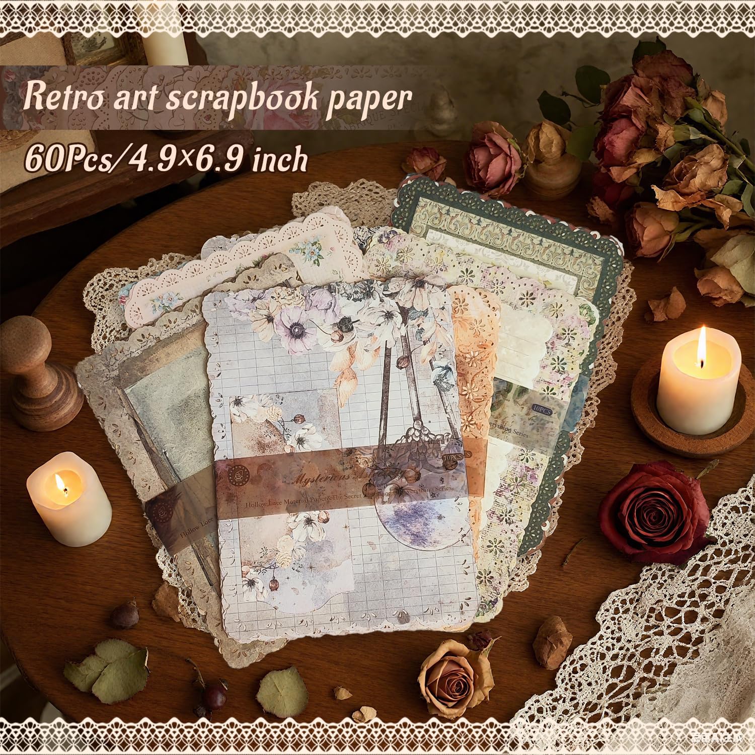 60 Sheets Lace Edged Scrapbook Stationery Paper Assorted Set, 4.9 x 6.9 inch Retro Mixed Lace Edged Paper, 6 Different Styles of Scrapbooking Paper for Letters, Junk Journal Supplies Collage