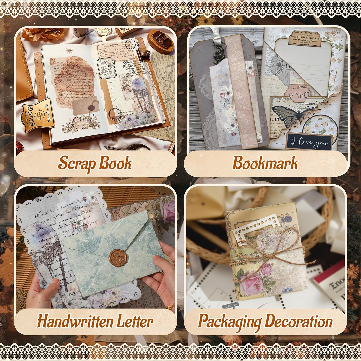 60 Sheets Lace Edged Scrapbook Stationery Paper Assorted Set, 4.9 x 6.9 inch Retro Mixed Lace Edged Paper, 6 Different Styles of Scrapbooking Paper for Letters, Junk Journal Supplies Collage