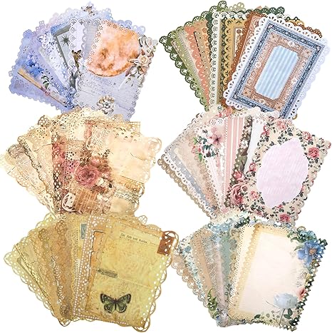 60 Sheets Lace Edged Vintage Textured Scrapbook Paper, 6 Pack Stationery Paper Assorted Set for Scrapbook Embellishments, Letter Writing, Junk Journal Supplies, Collage Background