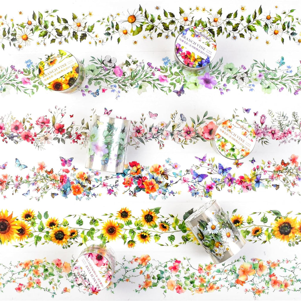 6Rolls Floral Washi Tape Set PET 40mm Wide Washi Sticker for Junk Journaling Stickers Flower Scrapbook Stickers Vintage Washi Tapes Scrapbooking Supplies Decorative Tape for Crafts, 6.6ft Long