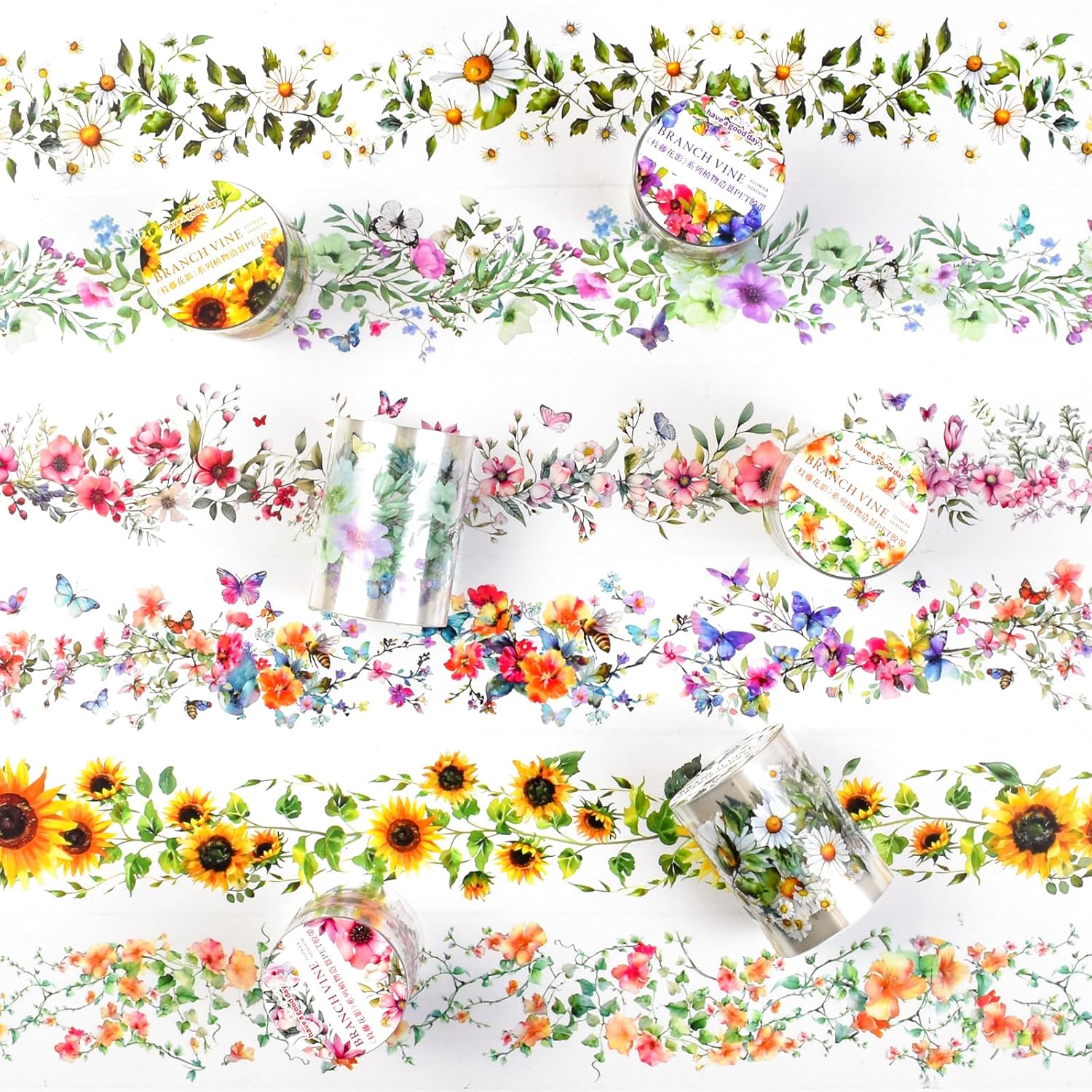 6Rolls Floral Washi Tape Set PET 40mm Wide Washi Sticker for Junk Journaling Stickers Flower Scrapbook Stickers Vintage Washi Tapes Scrapbooking Supplies Decorative Tape for Crafts, 6.6ft Long