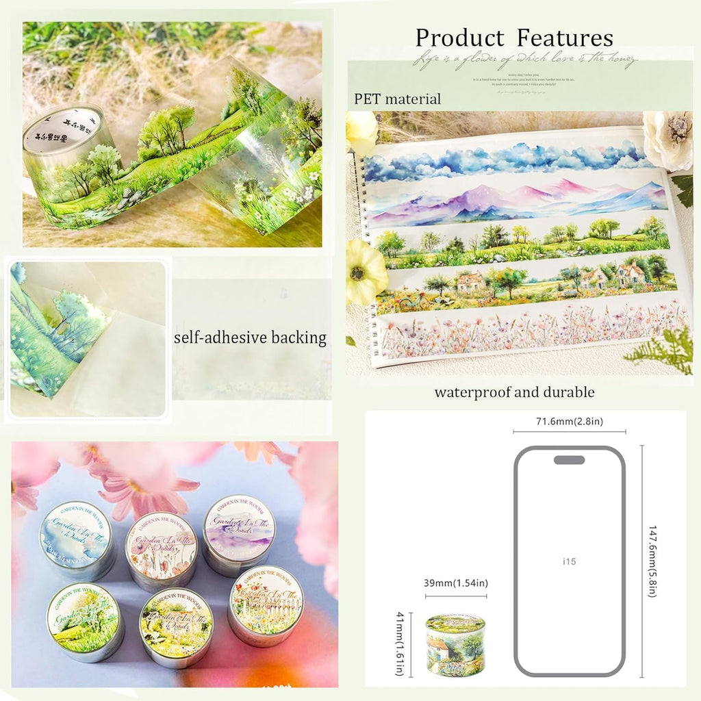 6 Rolls of PET Tape Stickers for Journaling Supplies, Paths Themed Decorative Journal Stickers for Scrapbooking,Planer (Garden Paths)