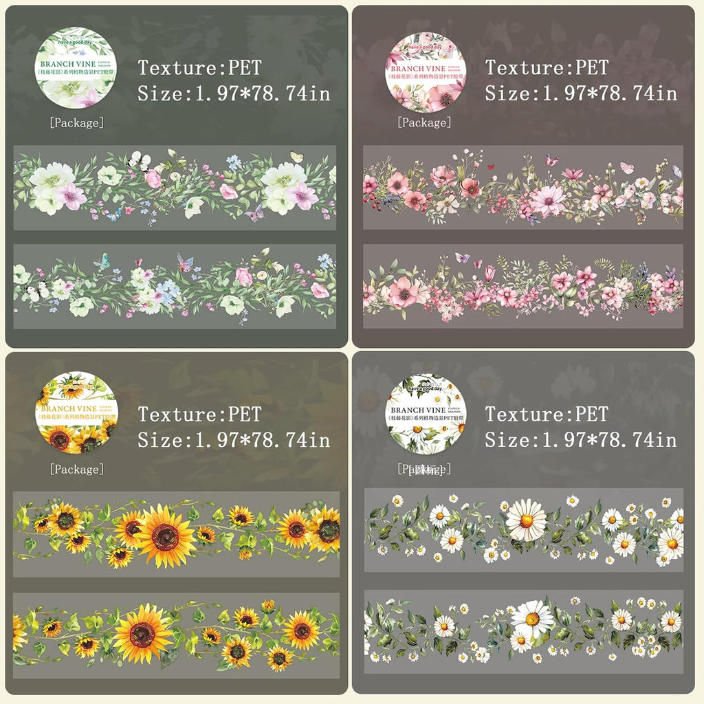 6Rolls Floral Washi Tape Set PET 40mm Wide Washi Sticker for Junk Journaling Stickers Flower Scrapbook Stickers Vintage Washi Tapes Scrapbooking Supplies Decorative Tape for Crafts, 6.6ft Long