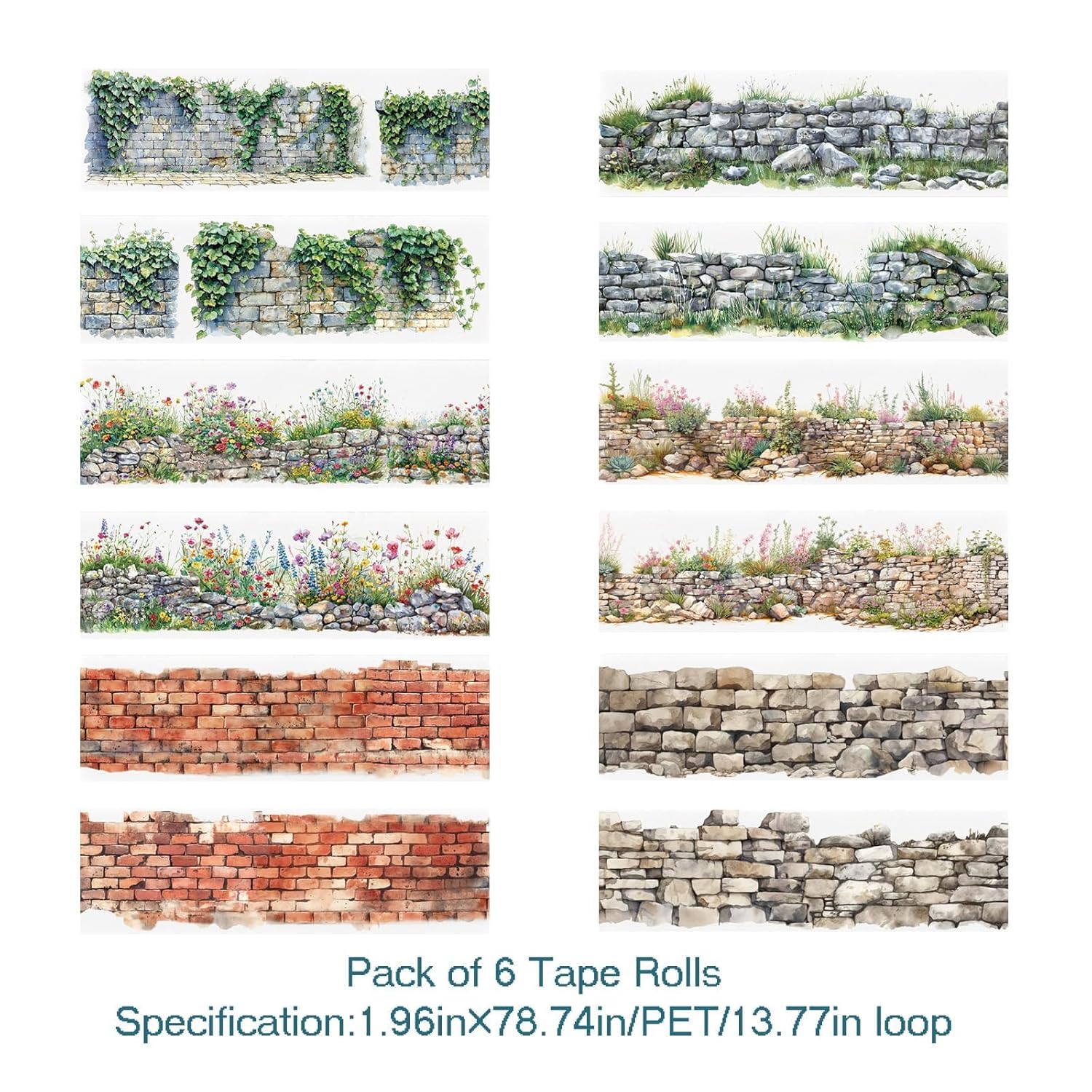 6 Rolls of PET Tape Stickers for Journaling Supplies, Paths Themed Decorative Journal Stickers for Scrapbooking,Planer (Garden Paths)