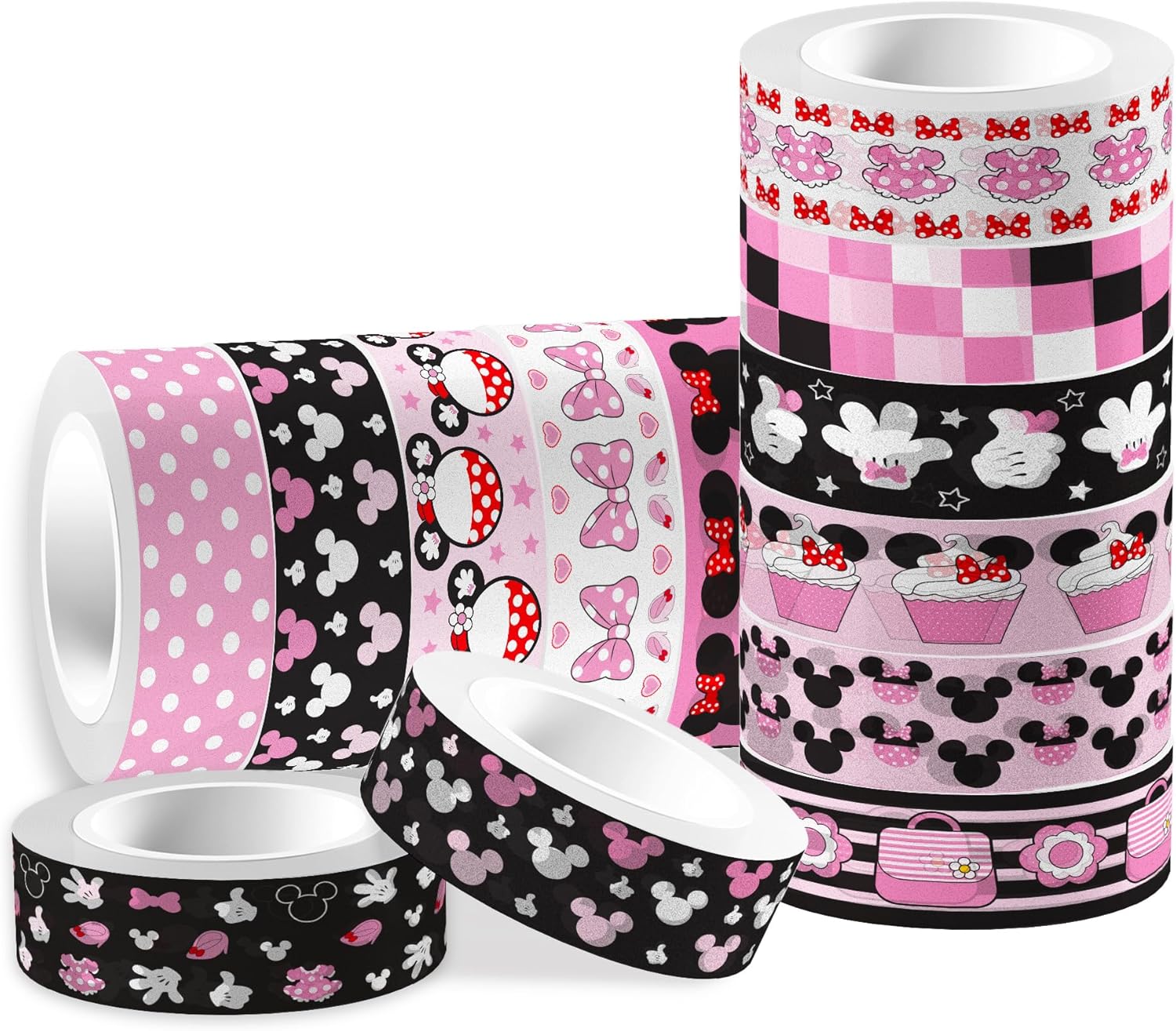 12 Rolls Cartoon Mouse Washi Tape Set - 0.6 Inch x 16.4 Ft Each, Pink Cute Mouse Design Decorative Paper Tape for Scrapbooking, Gift Wrapping, DIY Crafts & School Supplies