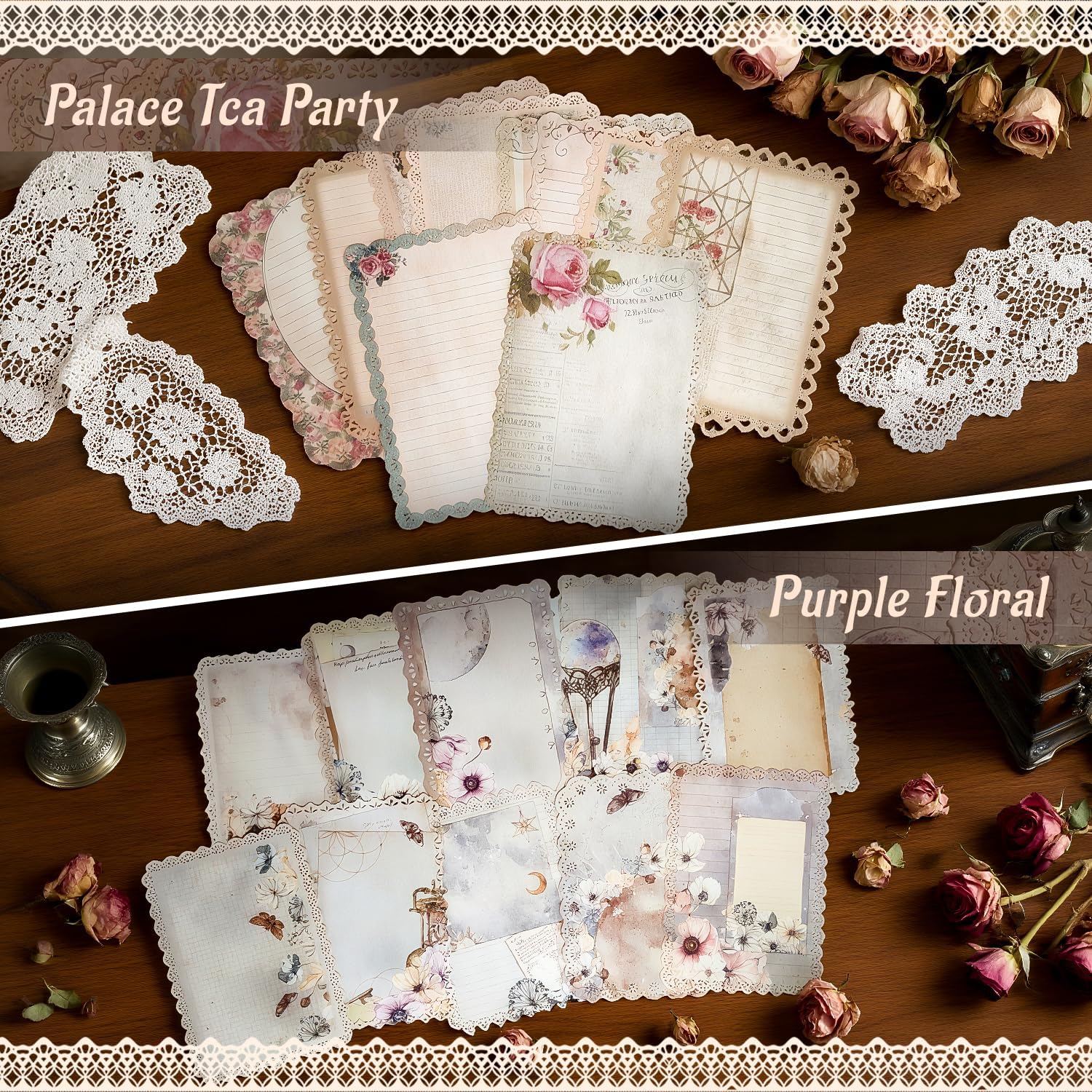 60 Sheets Lace Edged Scrapbook Stationery Paper Assorted Set, 4.9 x 6.9 inch Retro Mixed Lace Edged Paper, 6 Different Styles of Scrapbooking Paper for Letters, Junk Journal Supplies Collage